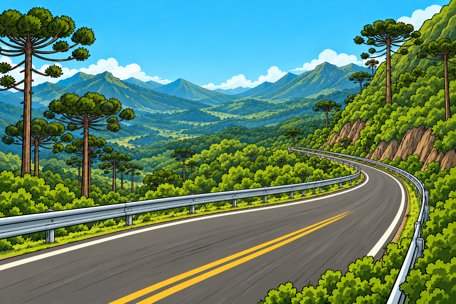 Estrada entre montanhas e araucárias, cenário ilustrado da Celta Preto